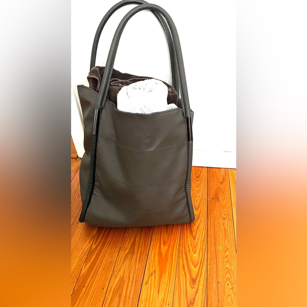 Neiman Marcus Vegan Leather Utility Gray Bag With Handles